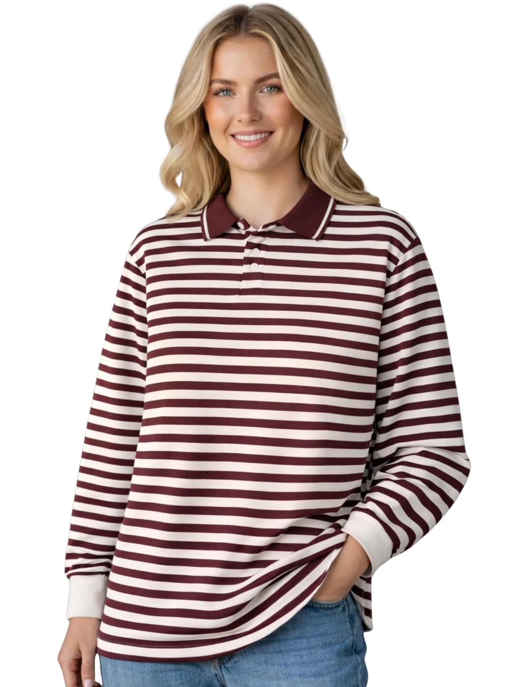Women’s Striped Polo T-Shirt | Full Sleeves | Collared Casual Cotton Tee | Regular Fit Top-M7341