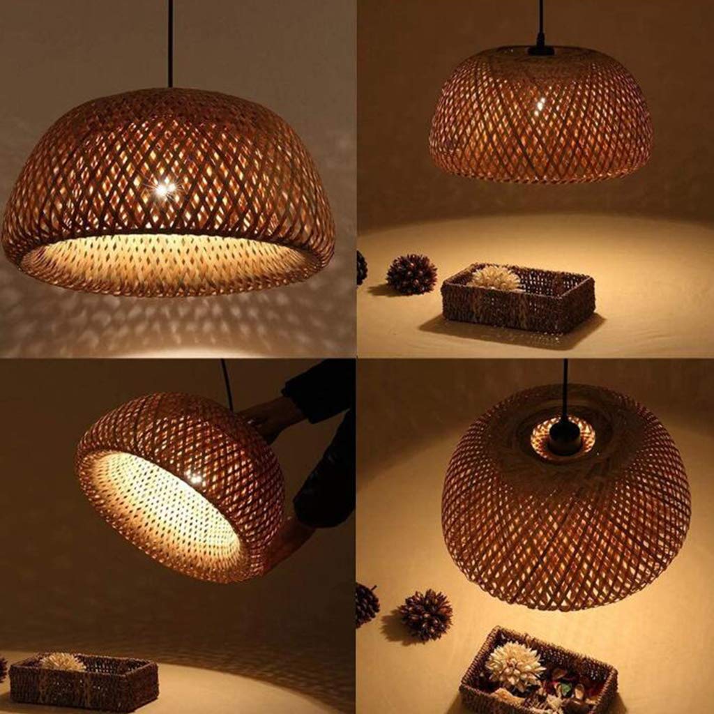 Pendelleuchte Landhausstil Hängeleuchten Vintage Rattan Gewebte E27 Kronleuchter Bambus Lampenschirm Höhenverstellbare Hängelampe Restaurant Schlafzimmer Wohnzimmer Café Deckenleuchte,38cm