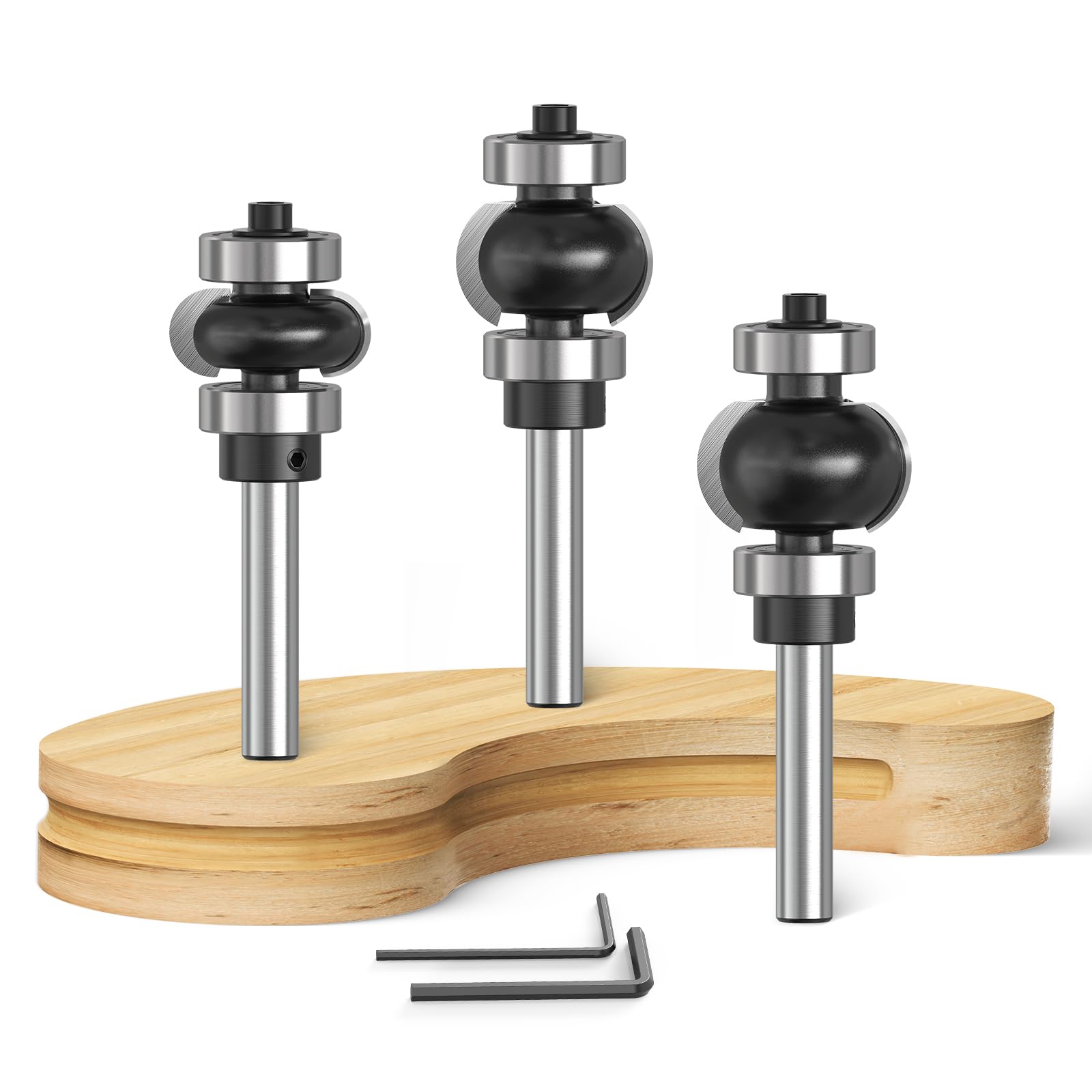 Akylin 3Pcs Double Bearings Guided Edging Fluting Bits Set,1/4" Shank, Concave Sunk Bead Router Bits Radius R3/16,R5/16,R3/8, Decorative Edge Bits for Wood