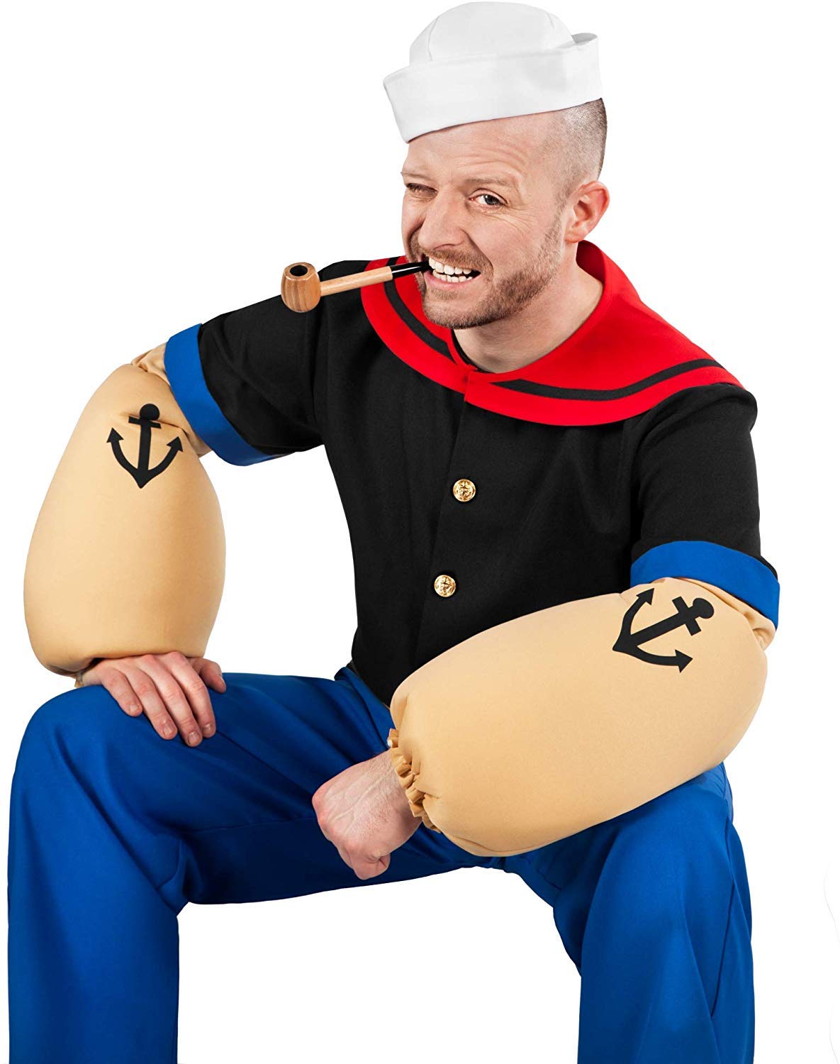 Maskworld Popeye Comic Seemann Kostüm + Pfeife komplett - 7-teilig mit Hemd, Hose, Muskel-Armen, Matrosenmütze und Pfeife (L)