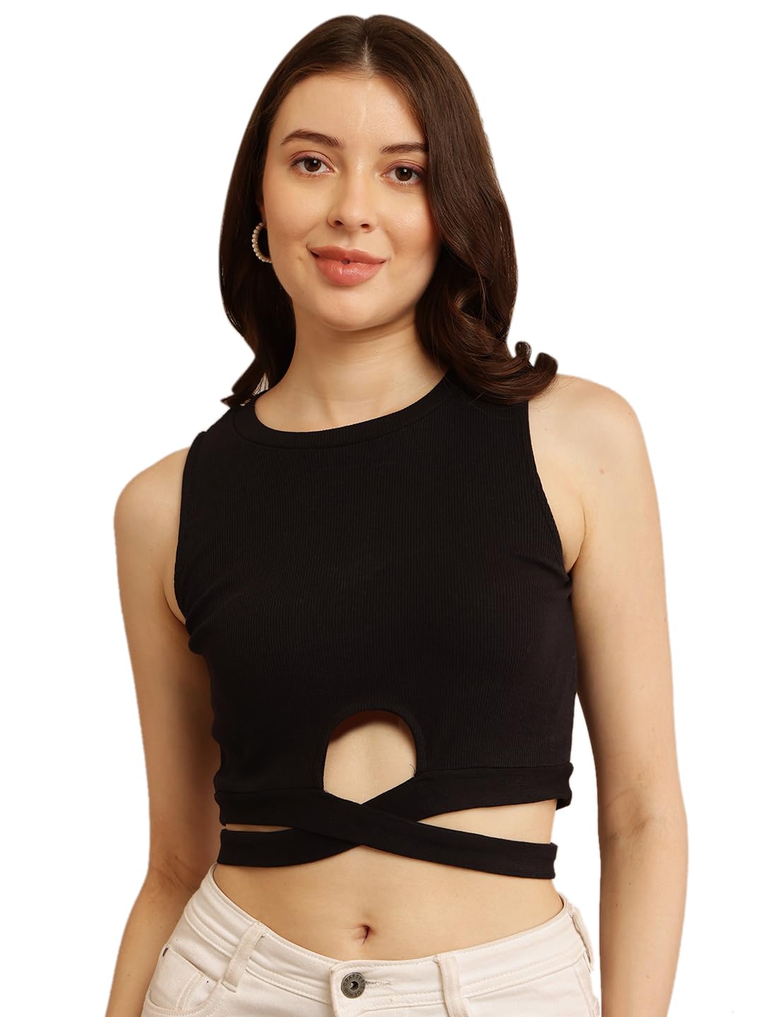 nobarr Women's Black Sleeveless Crop Top with Maximum Stretch Cotton and Round Neck for Summer-picture-36