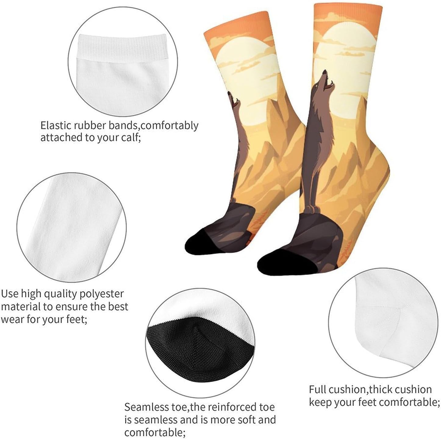 Breathable Sports Socks, Moisture Wicking, Lightweight Crew Socks | Wolf Athletic Calf Socks for Women Men, Casual, Anti-Slip, Multifunctional Work Socks