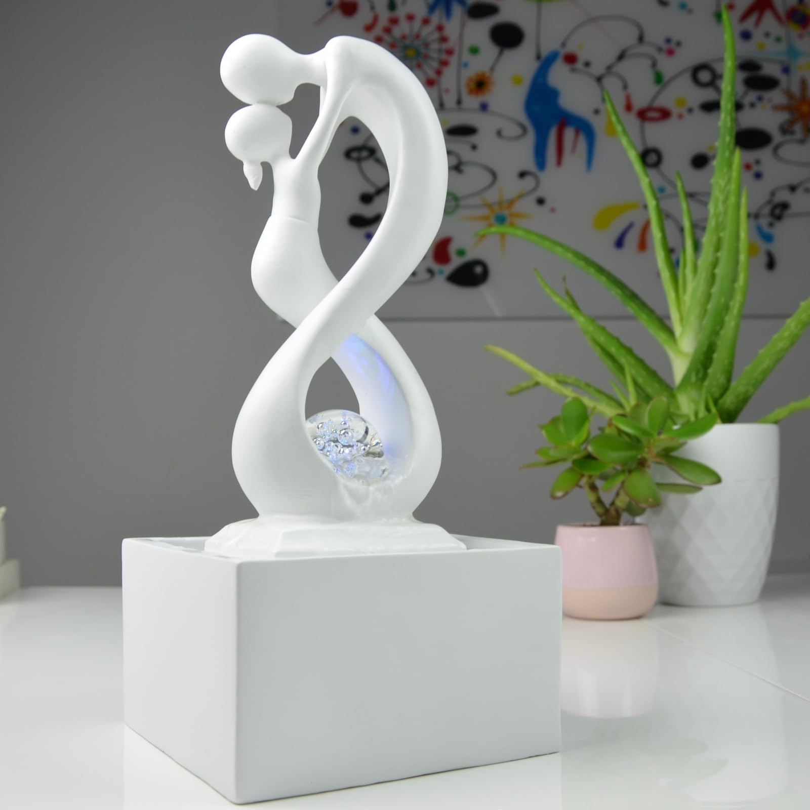 Zen'Light - Moderner Zimmerbrunnen Amor Weiß mit Farbigem LED-Licht - Zeitgenössische Innendekoration, Ideal für Meditation und Entspannung - Geschlossener Kreislauf mit Rotierender Kugel - 31x14x14cm