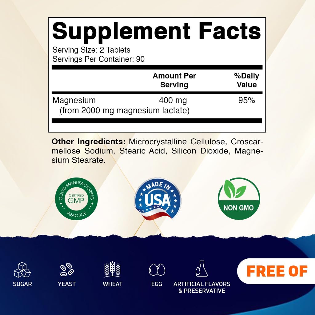 Vitamatic Magnesium Lactate 2000mg per Serving – 180 Tablets – Supports Muscle, Heart, Bone & Nervous System Health* – Non-GMO, Gluten Free, No Artificial Additives — Amazon image 2