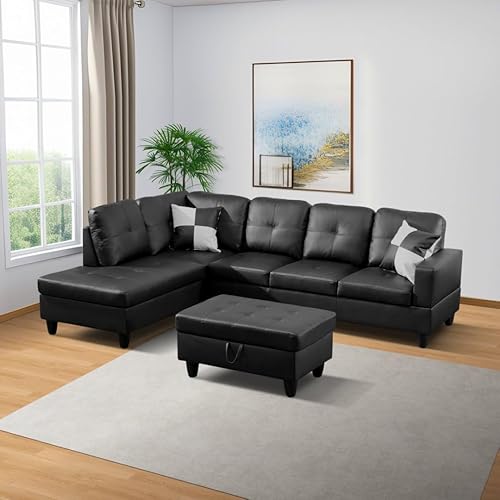 Miniatura 5 de Sofá de cuero negro para sala de estar, juego de sofá de 3 piezas en forma de L con otomana de almacenamiento, sofás seccionales multifuncionales de