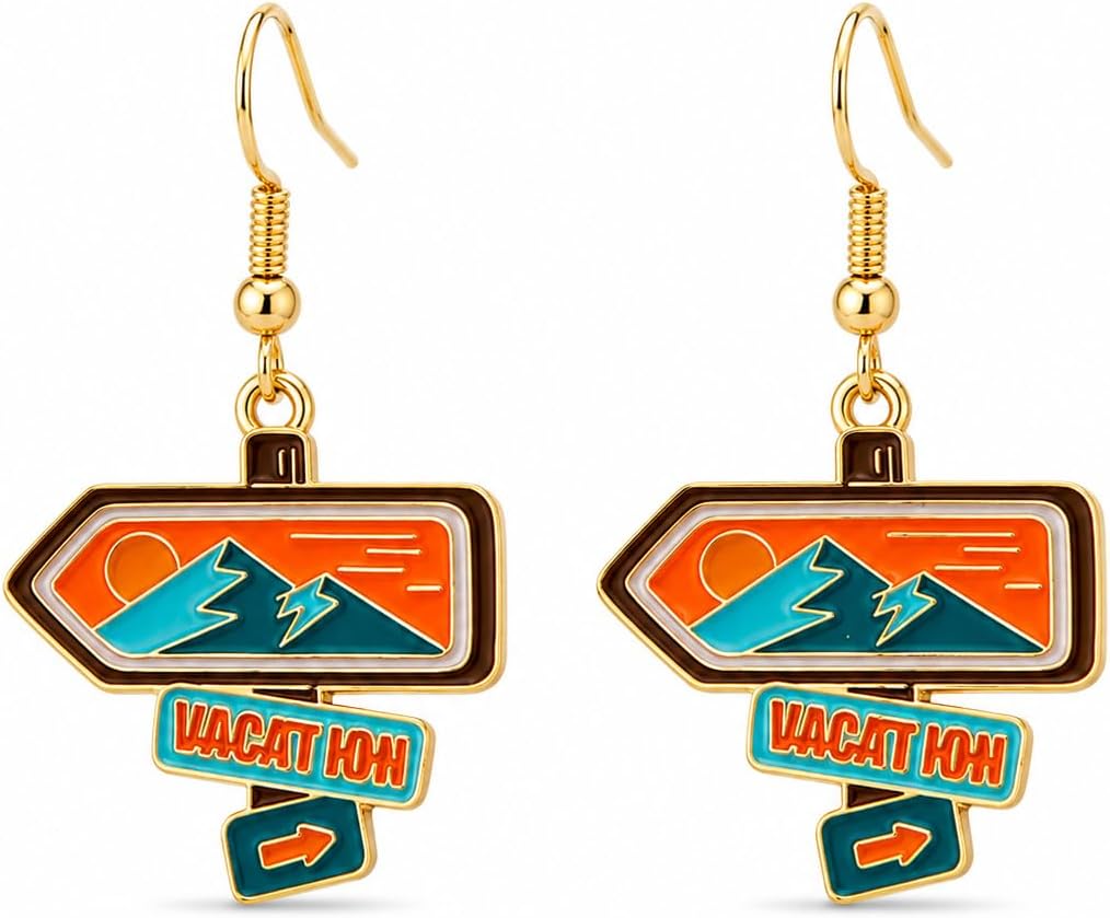 Stylish Enamel Travel Directional Sign Earrings for Women Friends Stainless Steel Hooks Accessories Summer Vacation Jewelry Gifts Charms