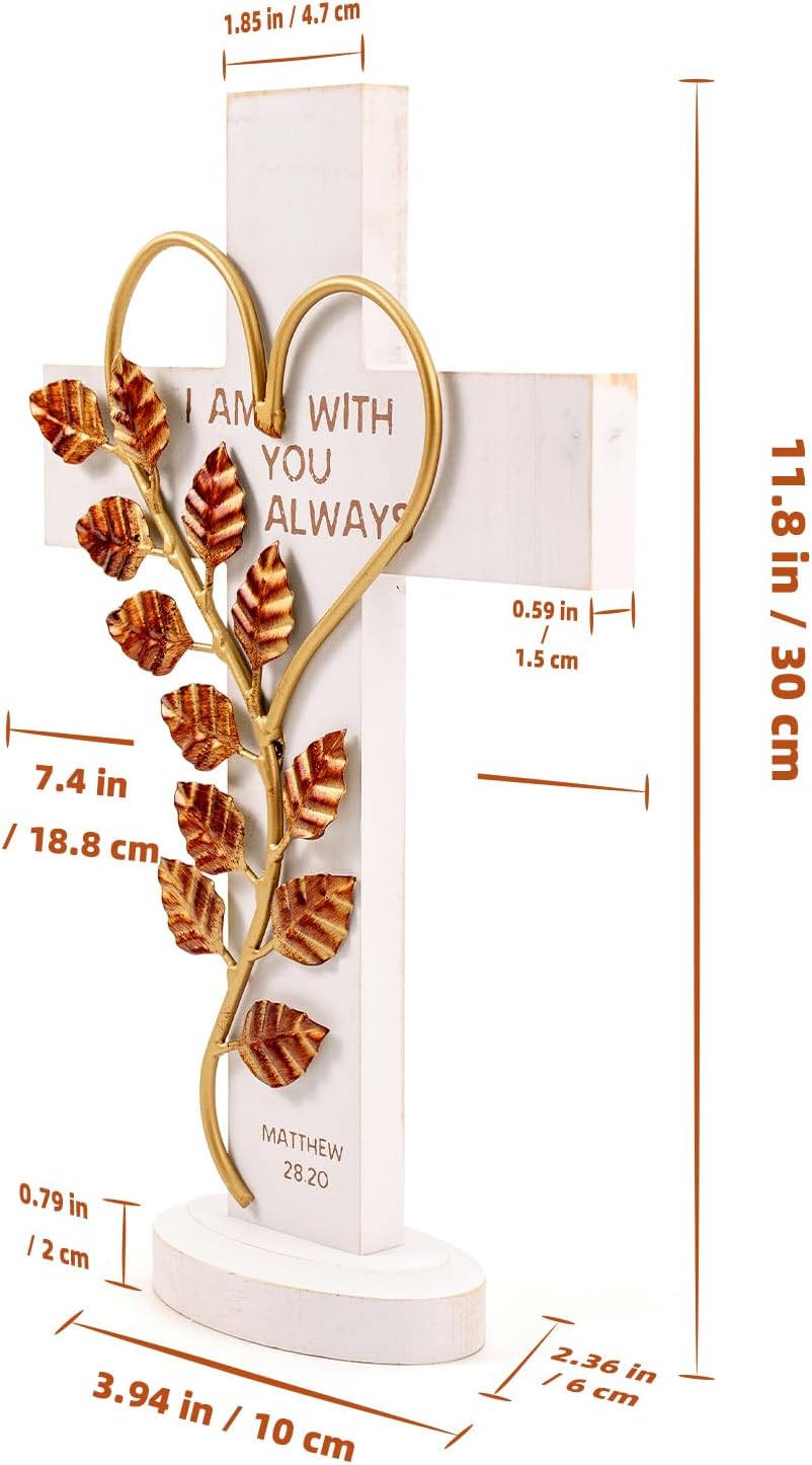 Wooden Wall Cross with Iron Heart Leaf Decorated with Hook and Base Hanging Wall Or Table Cross with Matthew 28:20 For Church Home Room Decoration (White)