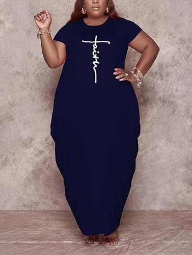 Miniatura 4 de Fooullaide Vestido casual de talla grande para mujer, de verano, manga corta, cuello en V, suelto, de gran tamaño, vestidos largos con bolsillo