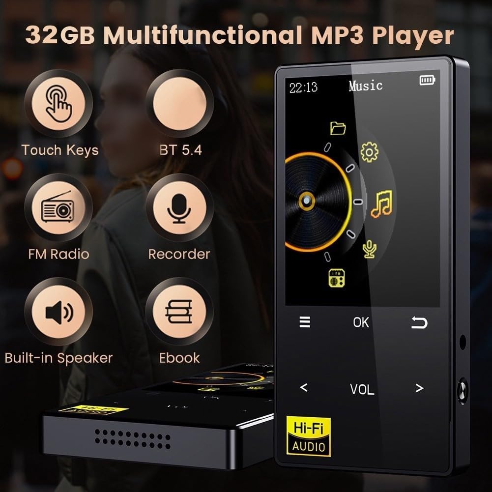 Reproductor de música HiFi MP3 con pantalla de 2.4 pulgadas, 32 GB, calidad de sonido sin pérdidas, radio de memoria ampliable, reproductor portátil (32 GB + 32 GB integrados)
