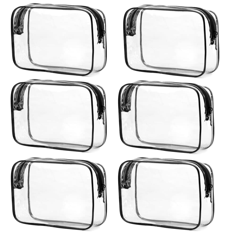 Clear Toiletry Bag,iDeep Quart Size Travel Bag Clear Cosmetic Makeup Bags wih Zippers for Women Men Vacation, Bathroom and Organizing, Black, 6 Pack