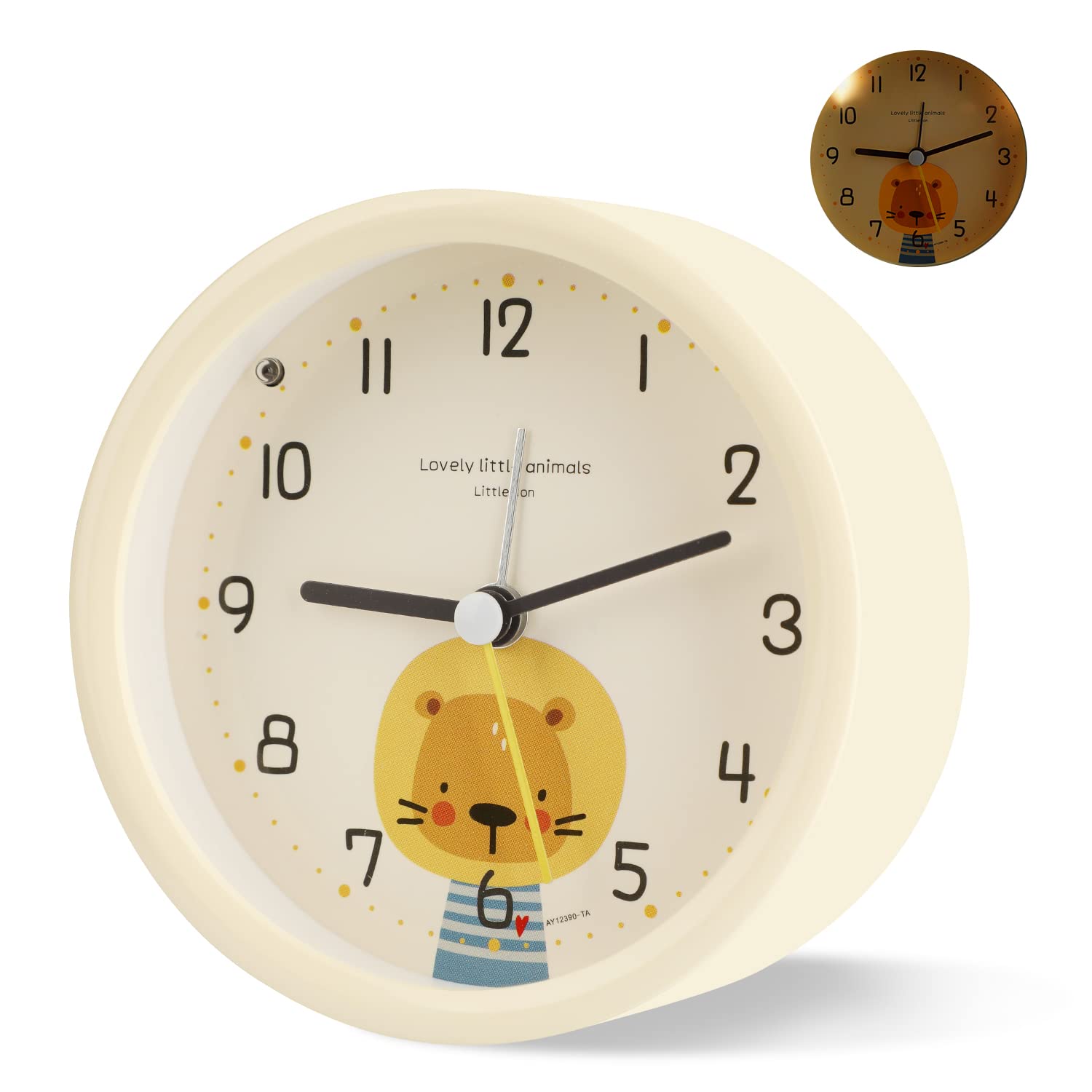 Yellow Lion Analog Alarm Clock, 3.7in for Kids, Battery Operated, Night Light, Non-Ticking, Cartoon Design, Bedside Desk