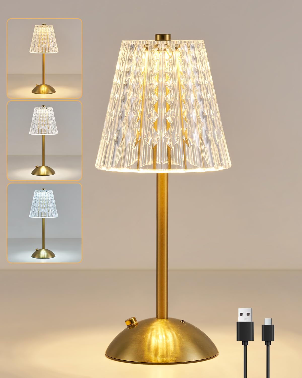 HARPER LIVING Rechargeable Table Lamp, LED Desk Lamp Battery Operated, Dimmable & 3 Colors Bedside Reading Light Polished Gold Finish, Cordless Touch Lamps for Bedroom Living Room Bar Restaurant