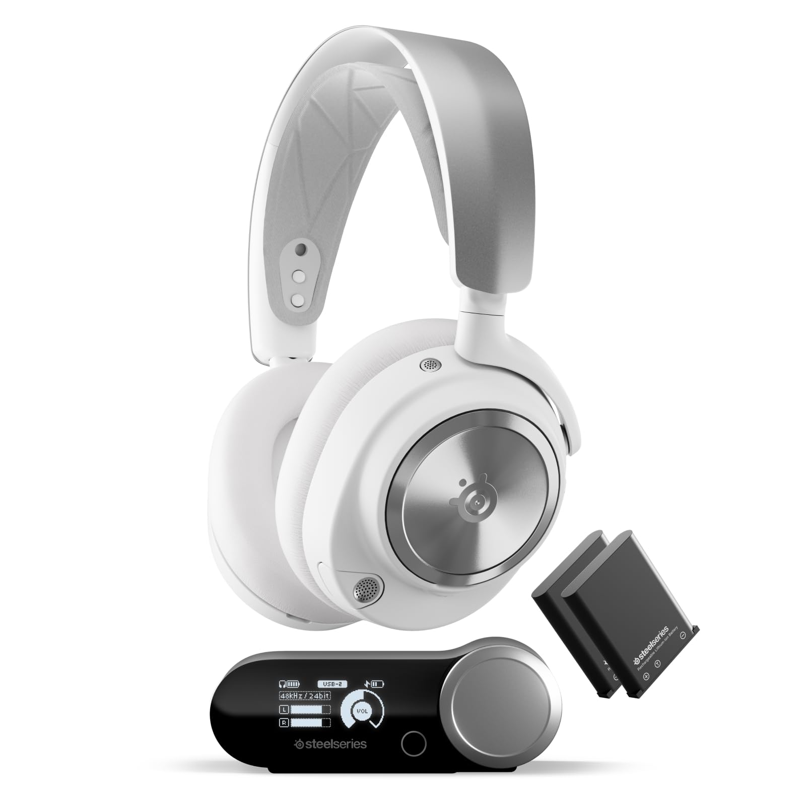 SteelSeries Arctis Nova Pro Wireless multisistema – Controlador neodimio – Cancelación Activa de Ruido – Infinity Power System – ClearCast Gen 2 – PC, PS5, PS4, Móvil – Blanco