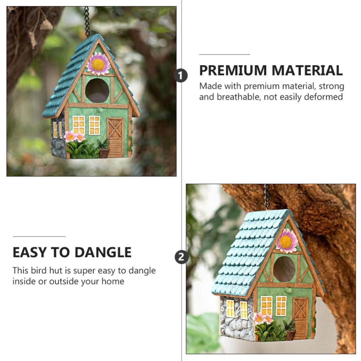 Casa para Pájaros de Resina Decorativa para Jardín Estilo Rústico, Fácil de Colgar y Refugio Cálido para Aves en Exterior