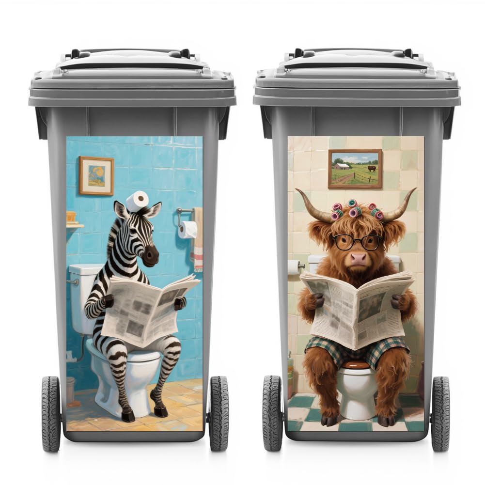 ANATTASOUL 2 Sheets Animal Wheelie Bin Stickers Highland Cattle and Zebra Waterproof Dustbin Covers Decor, 14.9"x 32.2" Adhesive Large Decal for Bins, Fridge, Wall, Garden Outdoor, Indoor Decoration