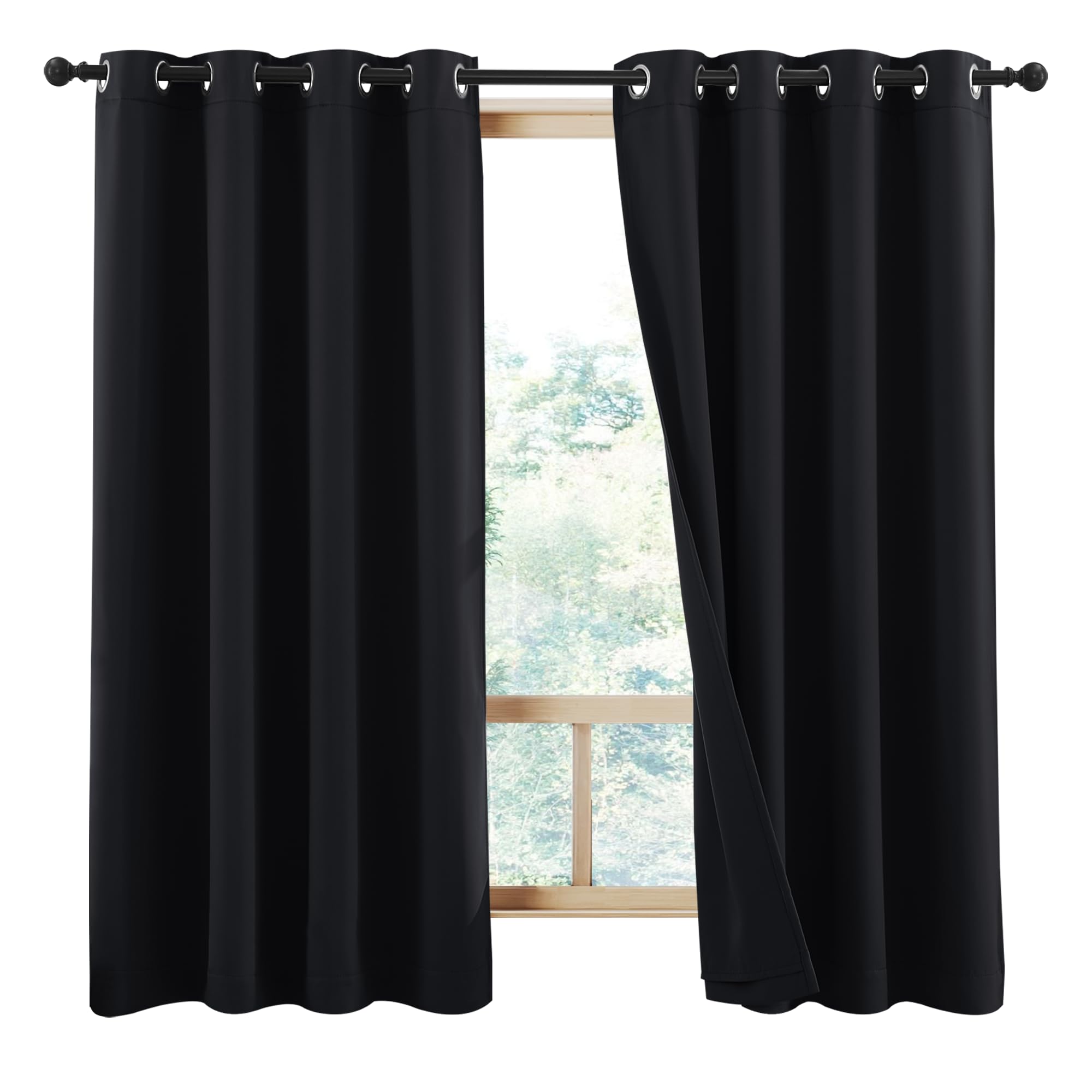 NICETOWN 100% Blackout Curtains 54 inches Length, 2 Thick Layers Completely Blackout Window Treatment Thermal Insulated Lined Drapes for Basement Window (Jet Black, 1 Pair, 52 inches Width Each Panel)