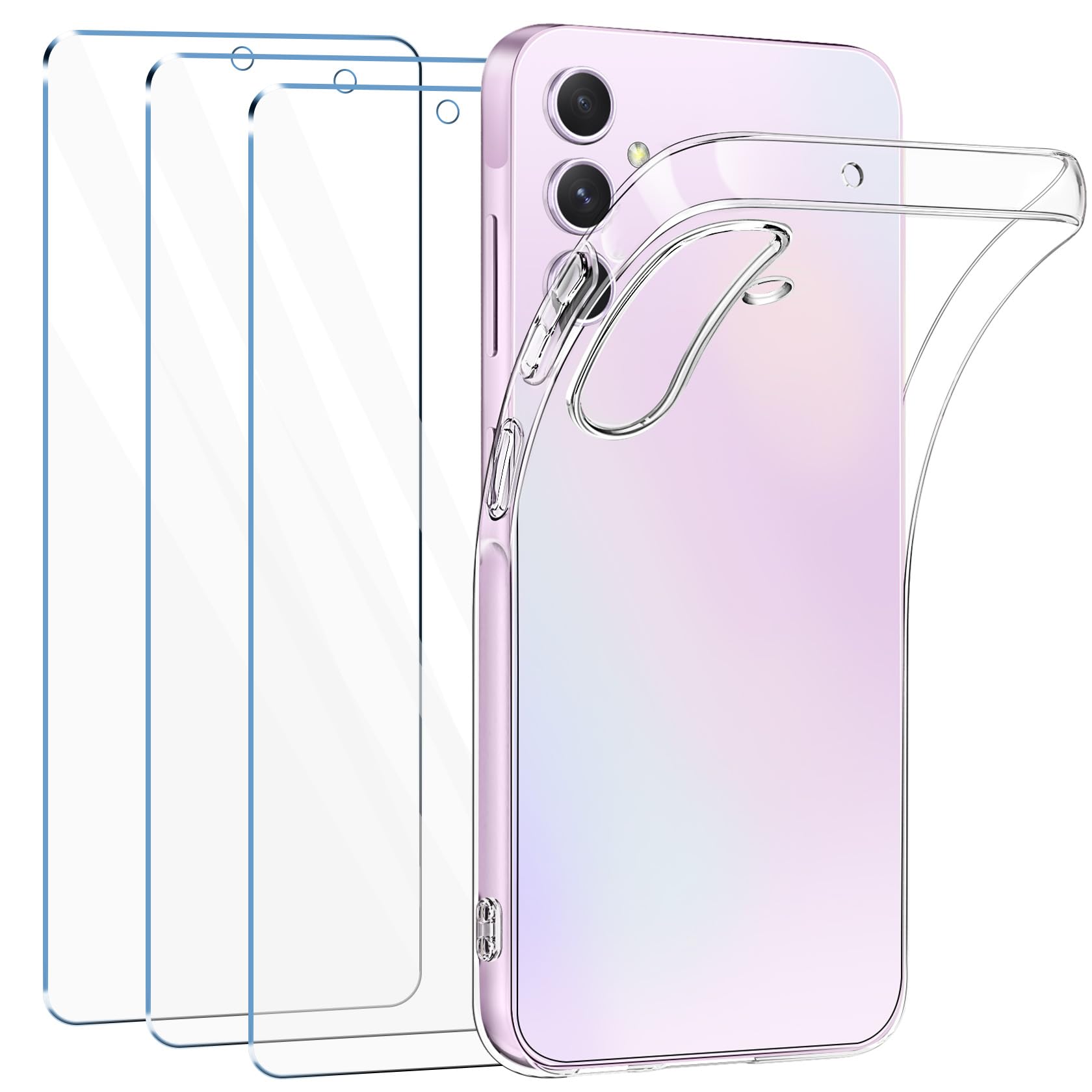 FLLAO Handyhülle Kompatibel mit Samsung Galaxy A35 5G Hülle mit 3 Stück Schutzfolie, Durchsichtig Case Transparent Silikon TPU Schutzhülle Premium 9H Gehärtetes Glas