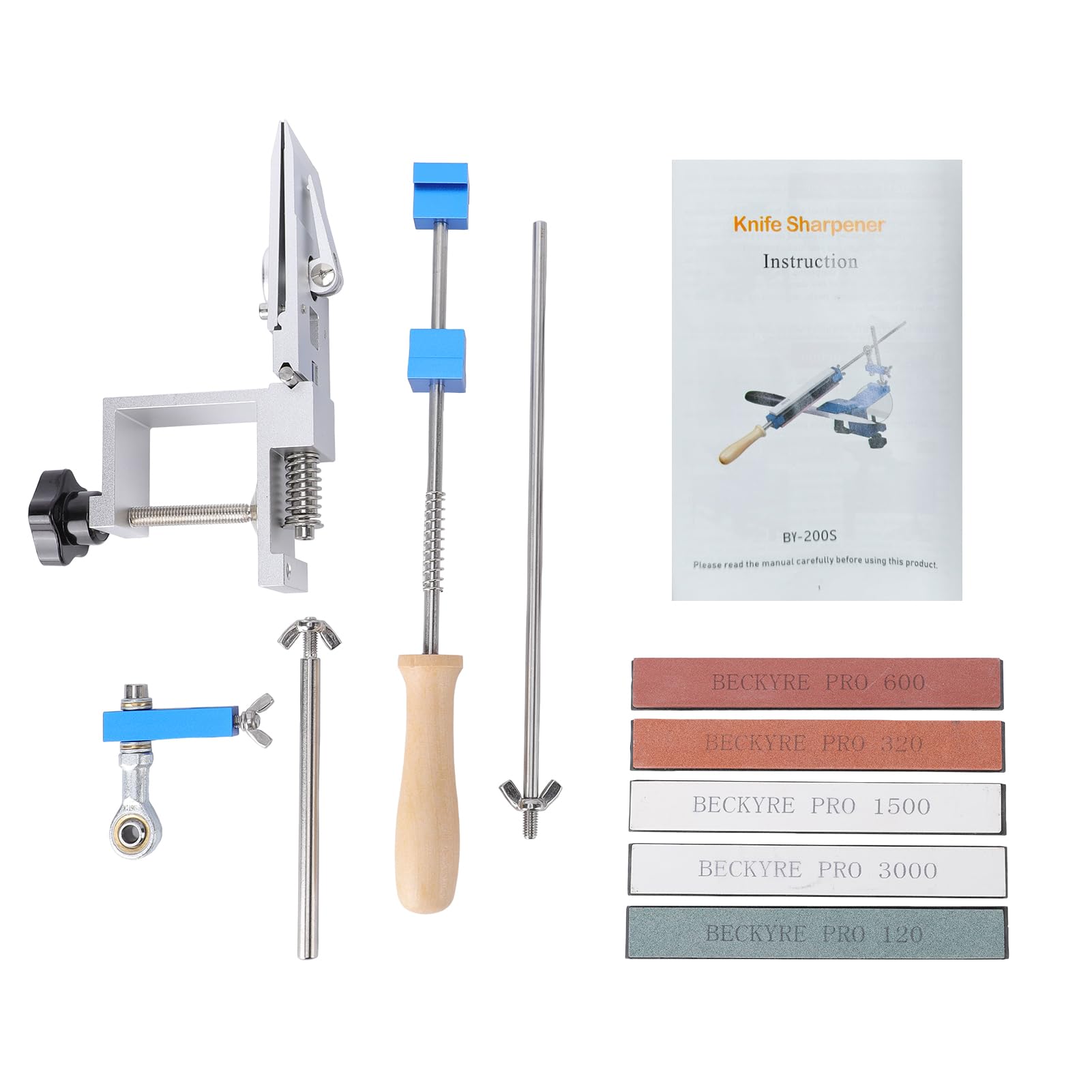 Luocute Affilacoltelli Professionale, di Affilatura Guidato in Lega di Alluminio con Pietre a Grana 120/320/600/800/1500/3000, Angolo di Affilatura 14-32° per Lame Cucina e (Con 6 pietre per