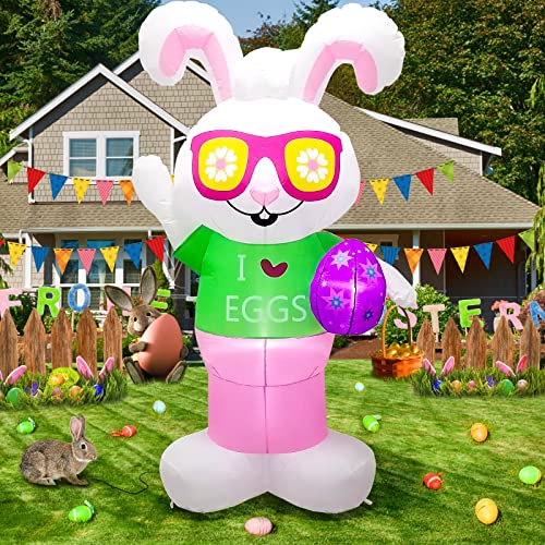 Kalolary Lapin Gonflable de Pâques avec Lunettes, 1,8 m de Haut, Décoration Intérieure/Extérieure pour la Maison Famille Cour Pelouse Jardin Fournitures de Fête, Rose