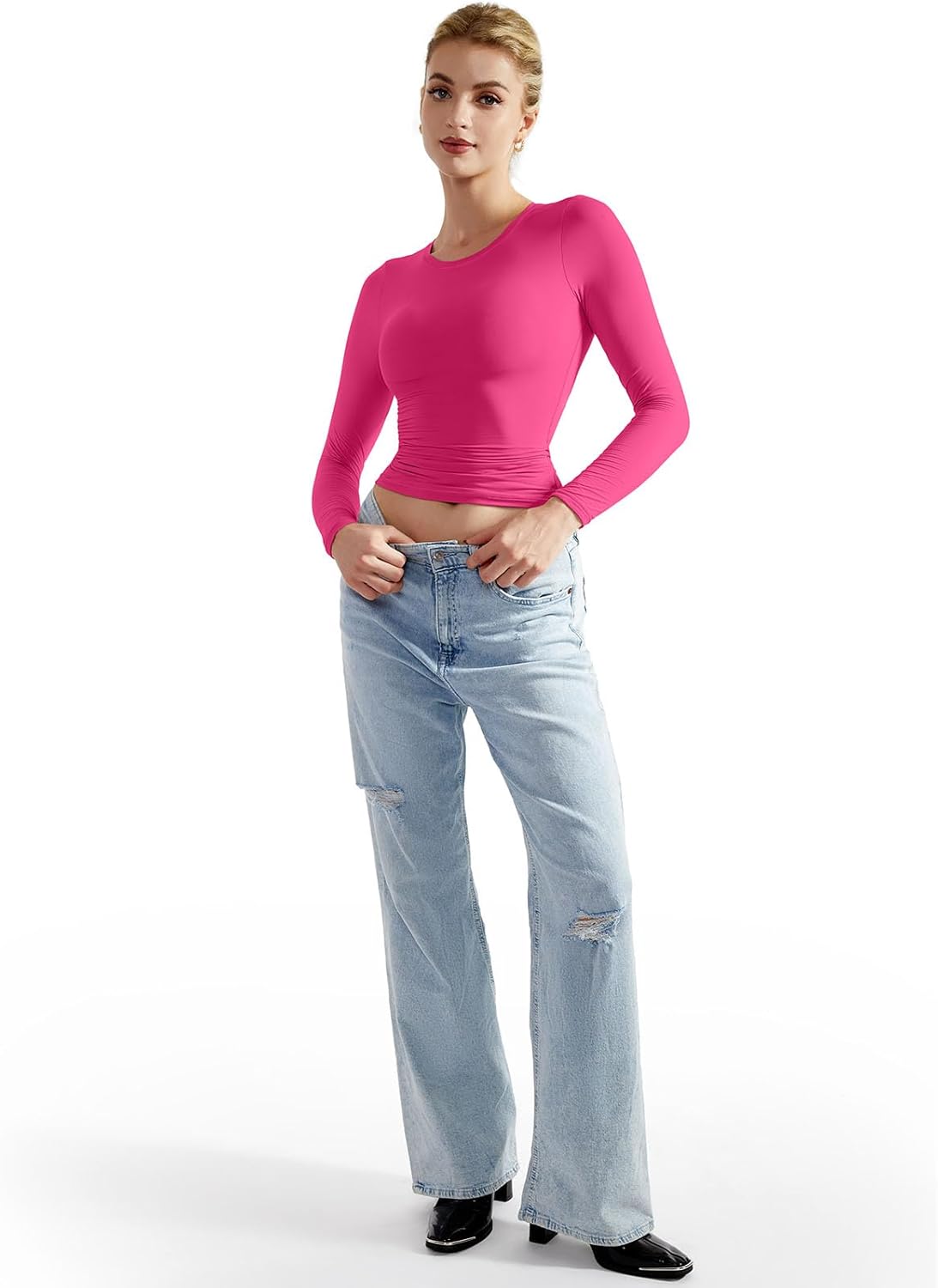 SUUKSESS Women Double Lined Fitted Basic T Shirts Crew Neck Long Sleeve Crop Top - Image 2