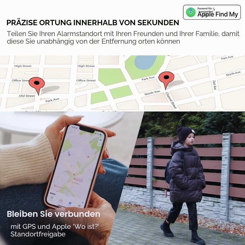 Personenalarm für Frauen mit GPS-Tracker – finde geliebte Menschen über Apple „Wo ist?“ App – USB-ladbarer 130dB Sicherheitsalarm, Bluetooth-Schlüsselfinder & Batterieanzeige Rosa GPS