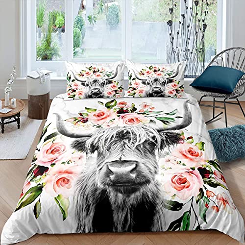 Homewish Highland Cow Flower Duvet Cover Double Size Bull Cattle Bedding Set Bedroom Decorative Western Funny Animal Comforter Wildlife Farmhouse Quilt Rose Grey Marble Bed Cover, Multi 21