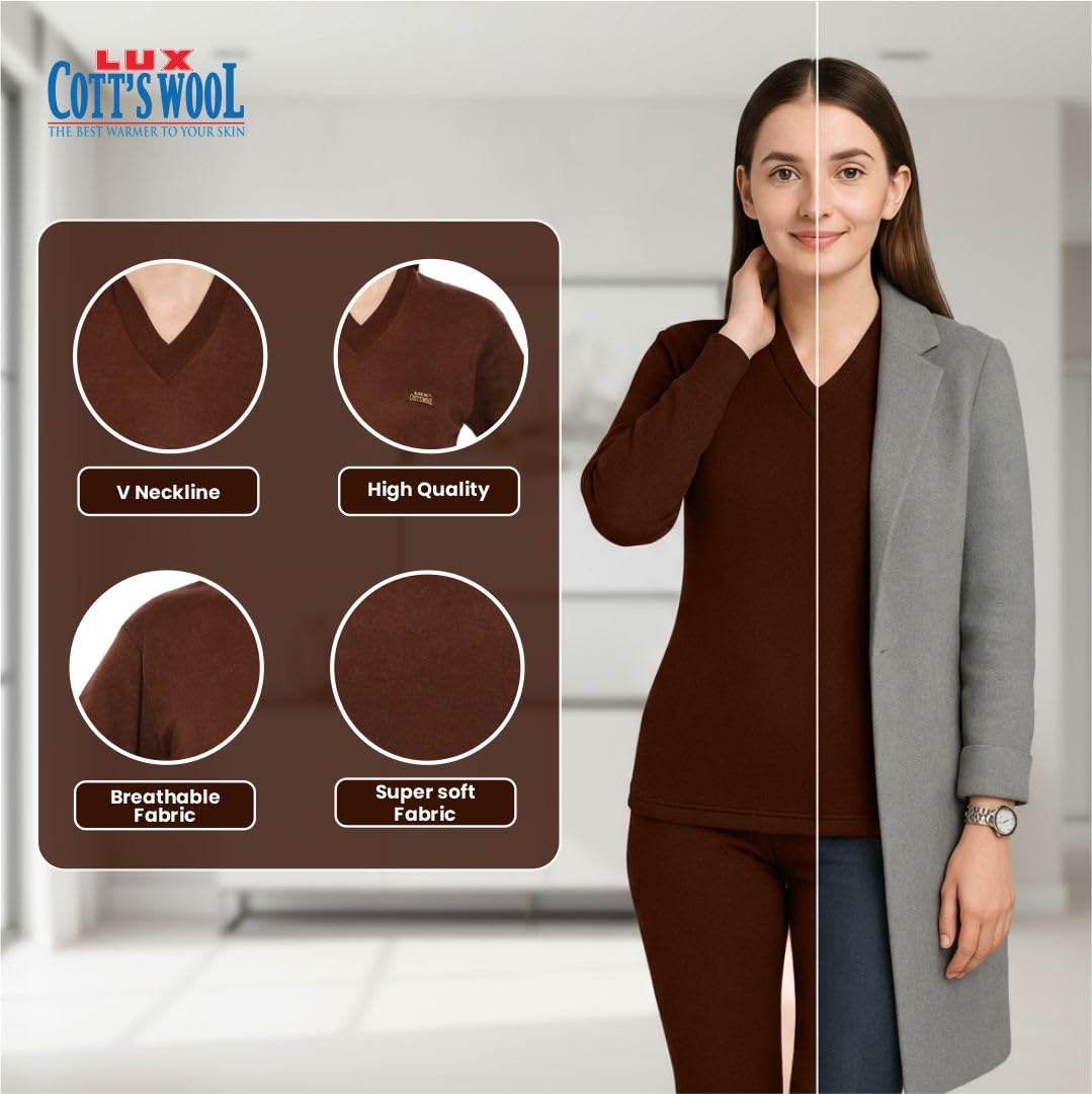 Lux Cottswool Women's V-Neck Thermal Top & Lower Set – Warm Innerwear for Winter, Soft & Comfortable Cotton Wool, Full Sleeve Top with Matching Bottom. Set of 1. (Brown_90CM) 2