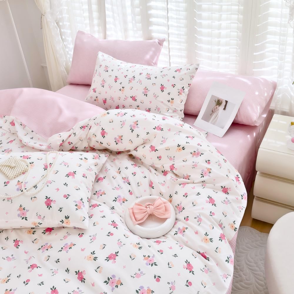 Nayoroom Bettwäsche 100% Baumwolle Blumen Kleine Blumenmuster Bettzeug Set Mädchen Blumenwiese Aesthetic Cute Pflanzenmuster Wendebettwäsche mit Reißverschluss und Blümchen Kissenbezüge