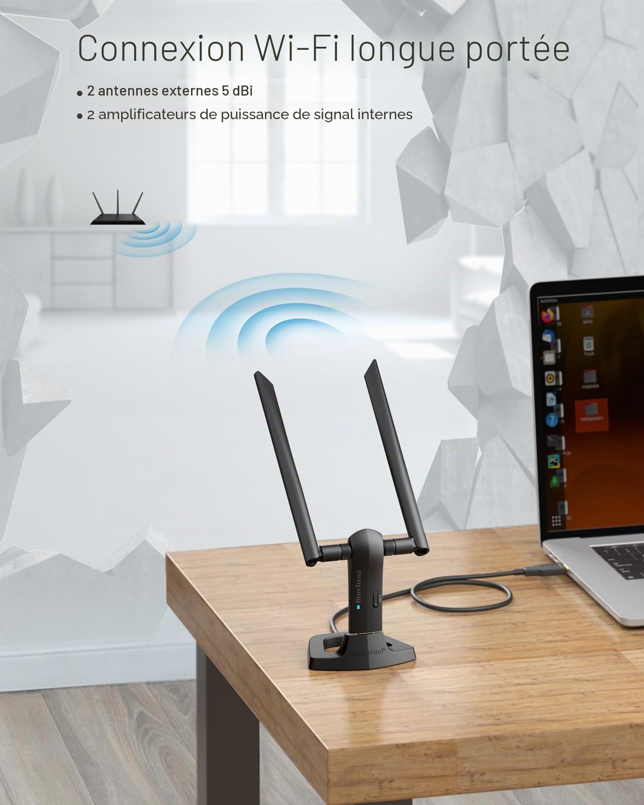 BrosTrend 1200Mbps Linux USB Clé WiFi Adaptateur Compatible avec Kali, Ubuntu, Mint, Debian, Raspbian, Lubuntu, Xubuntu, Mate, Zorin, Raspberry Pi 2+, Windows 11, Longue Portée 2 X 5dBi Antennes, WPA3