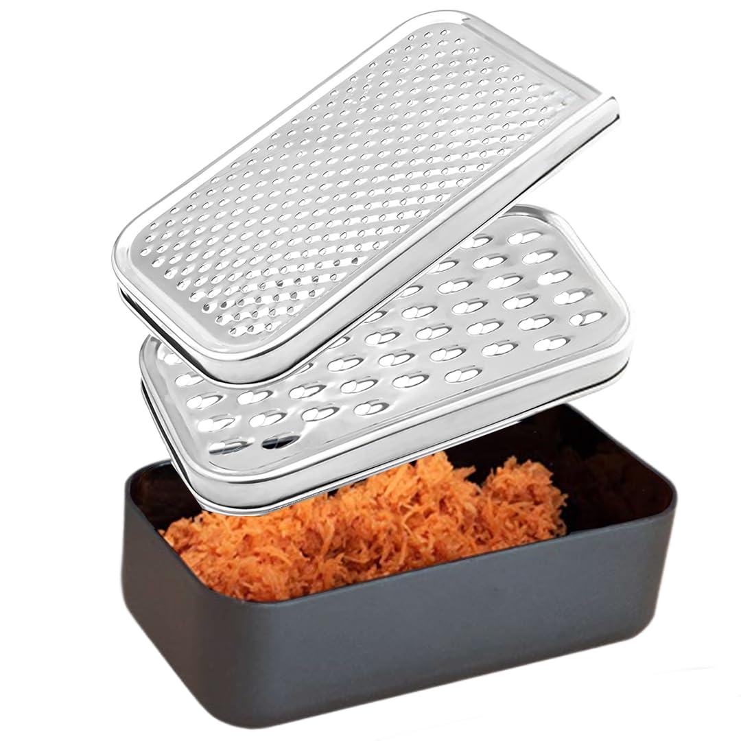 Cheese grater with container and lid - Vegetable & Fruit Multifunctional Stainless Steel Kitchen Utensils Set with Dark Grey Food Plastic Storage Stable Box - Hand Chopper Grater