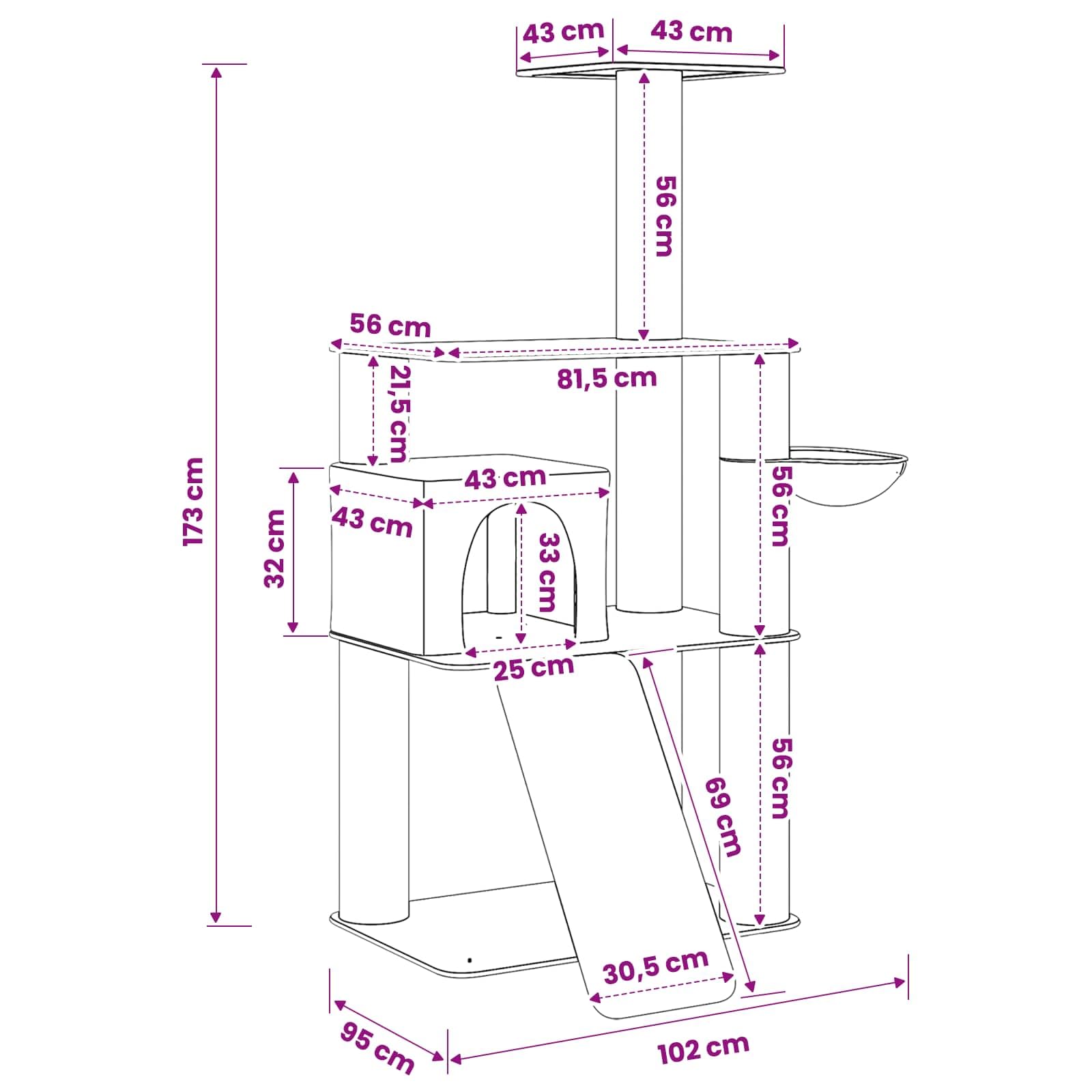 Árbol rascador para gatos con columnas rascadoras de sisal y cueva integrada de 173 cm, marco de madera estable, diseño de varios niveles, superficie de descanso acogedora, adecuado para casa