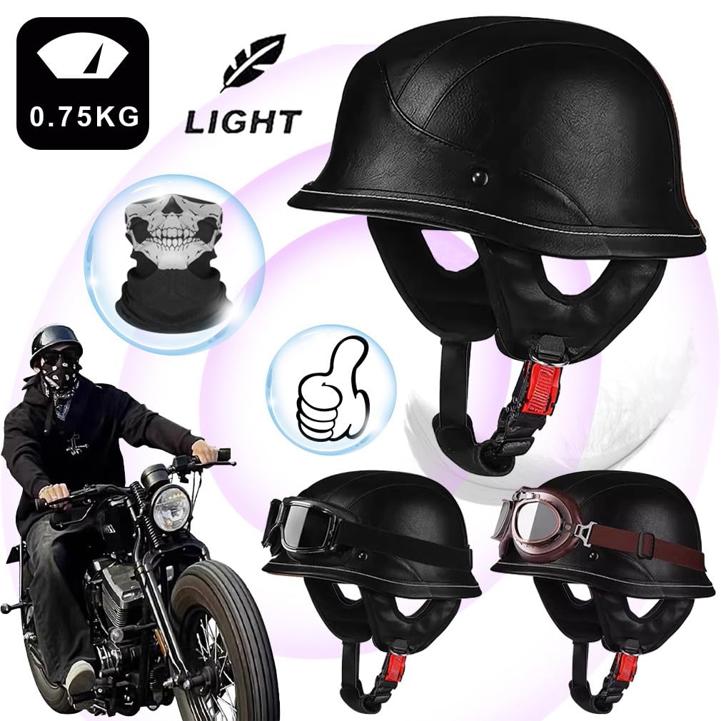 Niemiecki kask motocyklowy, skórzany, półskorupowy, z certyfikatem ECE, kask z maską i okularami, wyjmowana wyściółka wewnętrzna, rozmiar M ~ XL, 57 ~ 62 cm