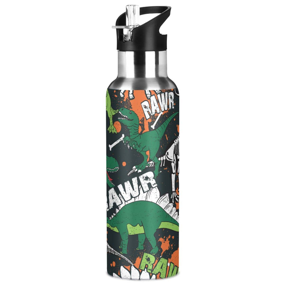 Edelstahl Wasserflasche mit Strohhalm, Cool Dinosaurier Isolierte Trinkflasche Sport Wasserflasche für Kinder Erwachsene, auslaufsicher, 1L