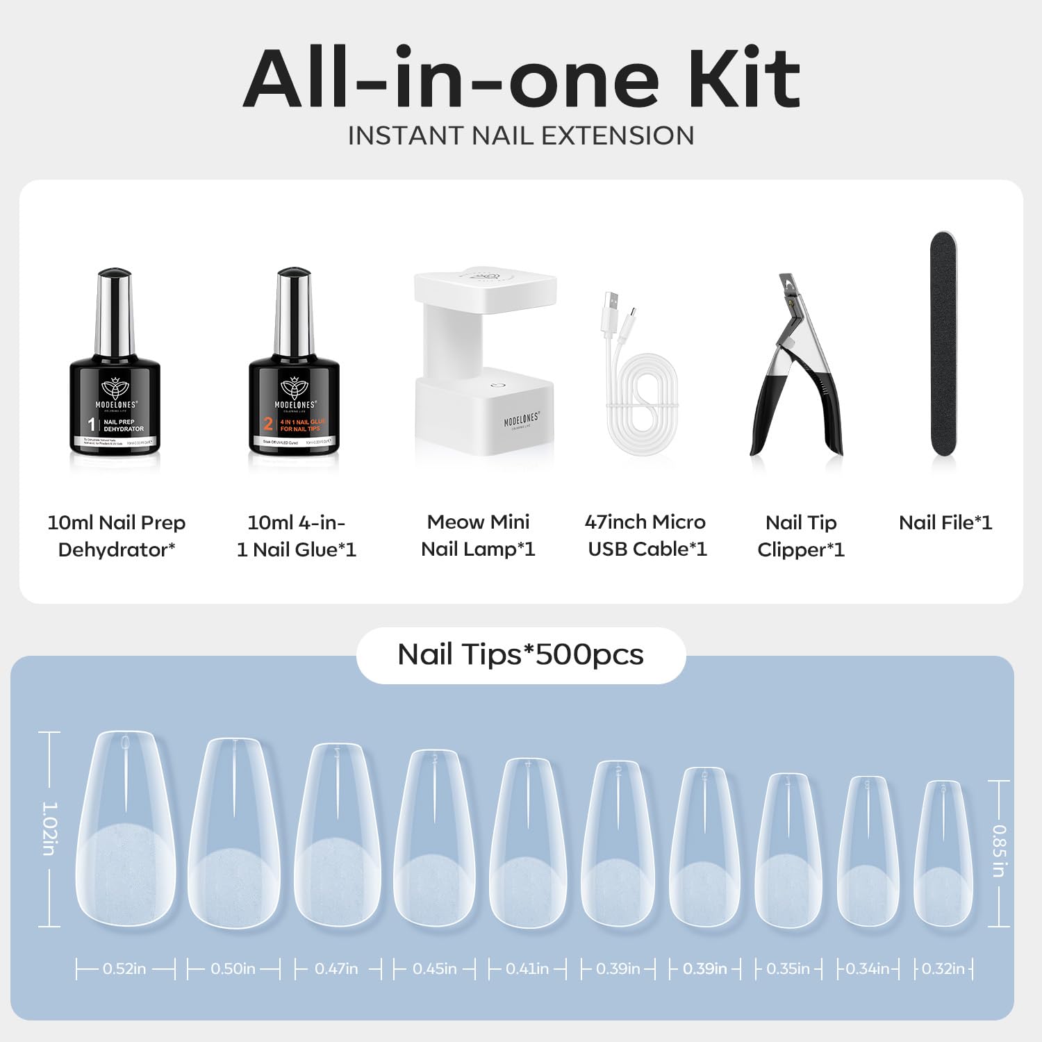 modelones Kit Uñas, Nail Kit de Tips Uñas Gel con Pegamento, 500 Uñas Postizas Resina, 6 en 1 Pegamento Uñas Postizas, Mini Lampara Uñas Semipermanentes, Kit De Uñas Para Principiantes