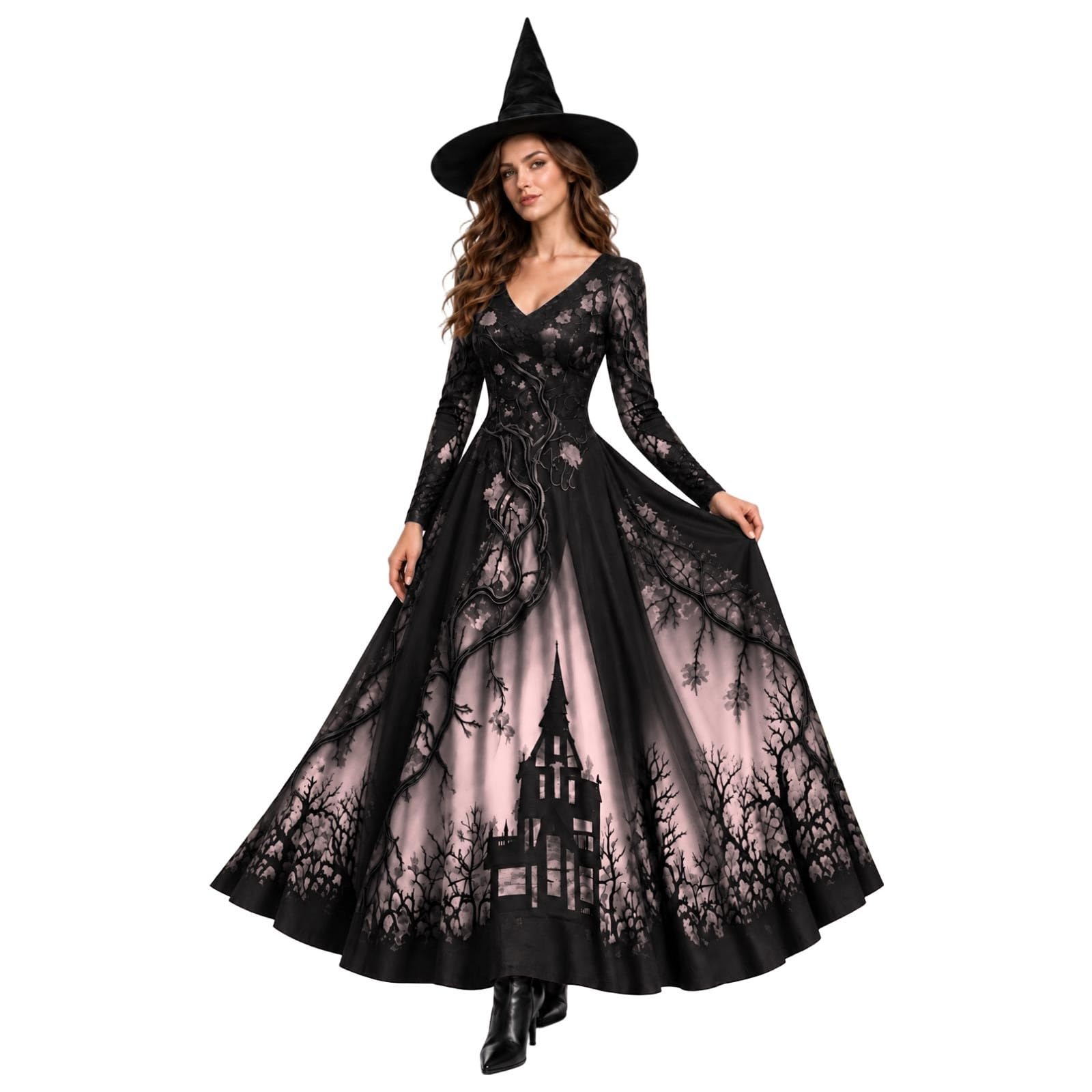 Witch Costume for Women Halloween Gothic Lace Dress Branch Print Floor Length Dresses V-Neck Long Sleeve A-Line Vampire Evening Gown for Fancy Dress Party Events Cosplay (Pink, XL) โ image 1