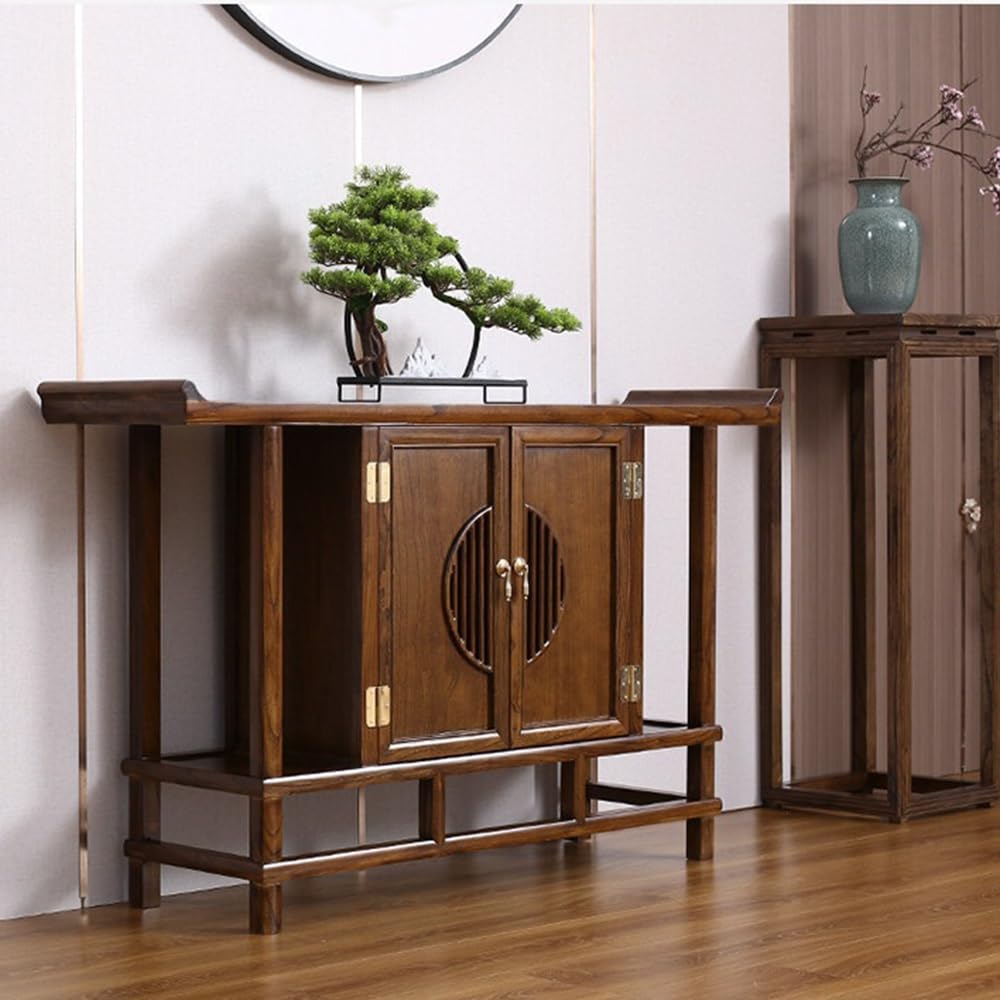 Tavola d'altare cinese Nuova consolle in legno di olmo in stile cinese | Mobile da ingresso Zen con contenitore