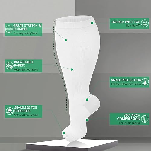 Miniatura 9 de Paquete de 3 calcetines de compresión de talla grande para mujeres y hombres, 15-20 mmHg extra anchos hasta la rodilla para soporte de circulación