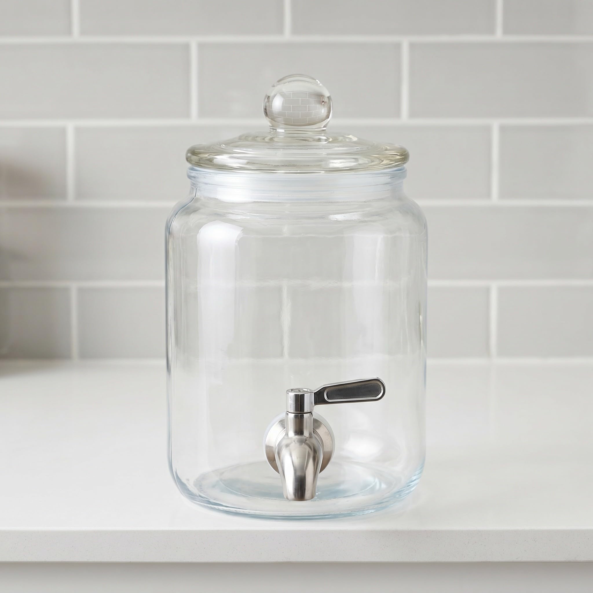 Operitacx Getränkespender aus Glas mit Edelstahlhahn – 1,5 l transparenter Getränkespender für den Kühlschrank – Glasbehälter mit luftdichtem Deckel für Limonade, Eistee, Saft, Partys und