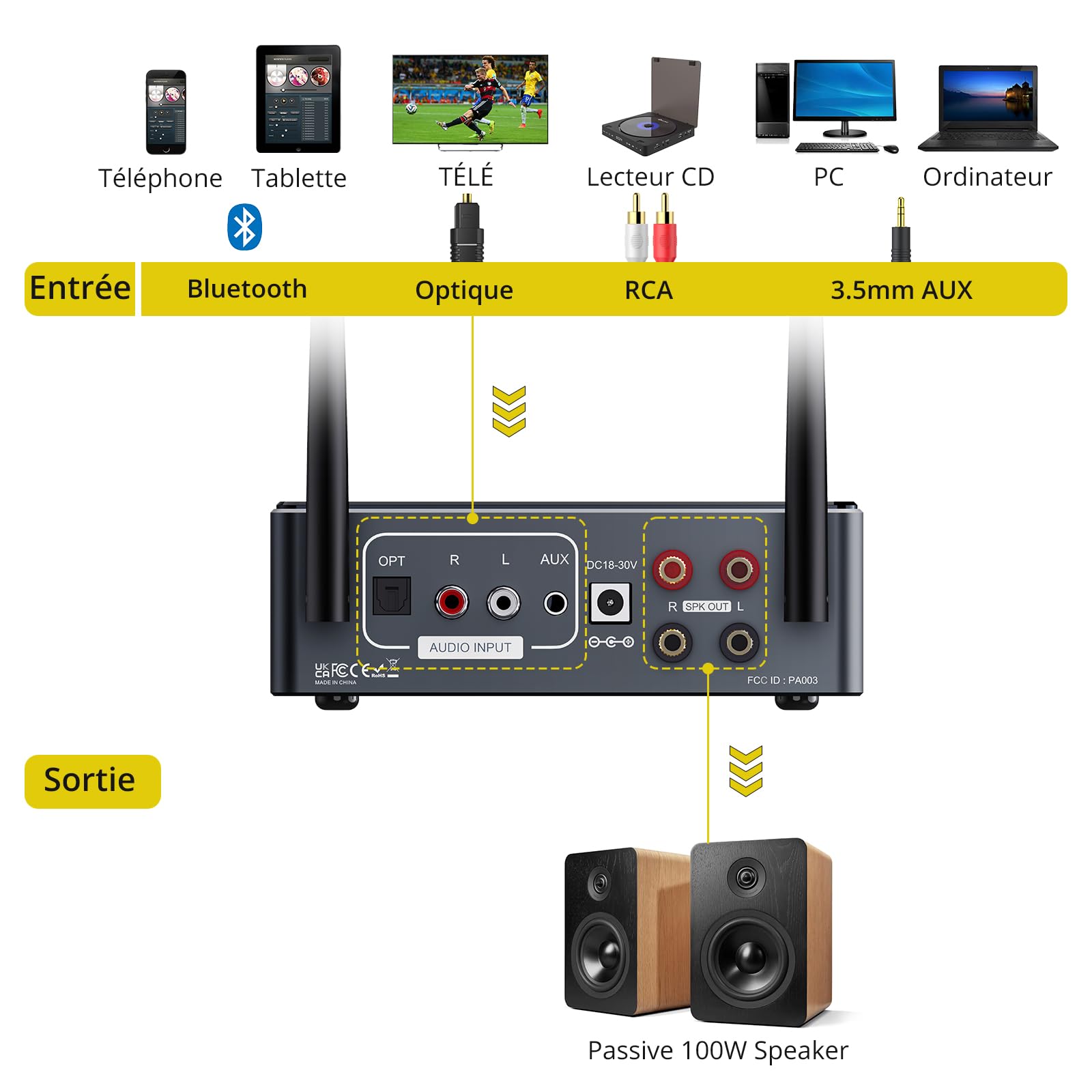 PROZOR Amplificateur Audio 100W+100W Amplificateur DAC AUDIO Puce Qualcomm Bluetooth Qualité Sonore Haute-fidélité Ajustement Sonore Élevé Faible Latence Compatible avec Variété D'appareils