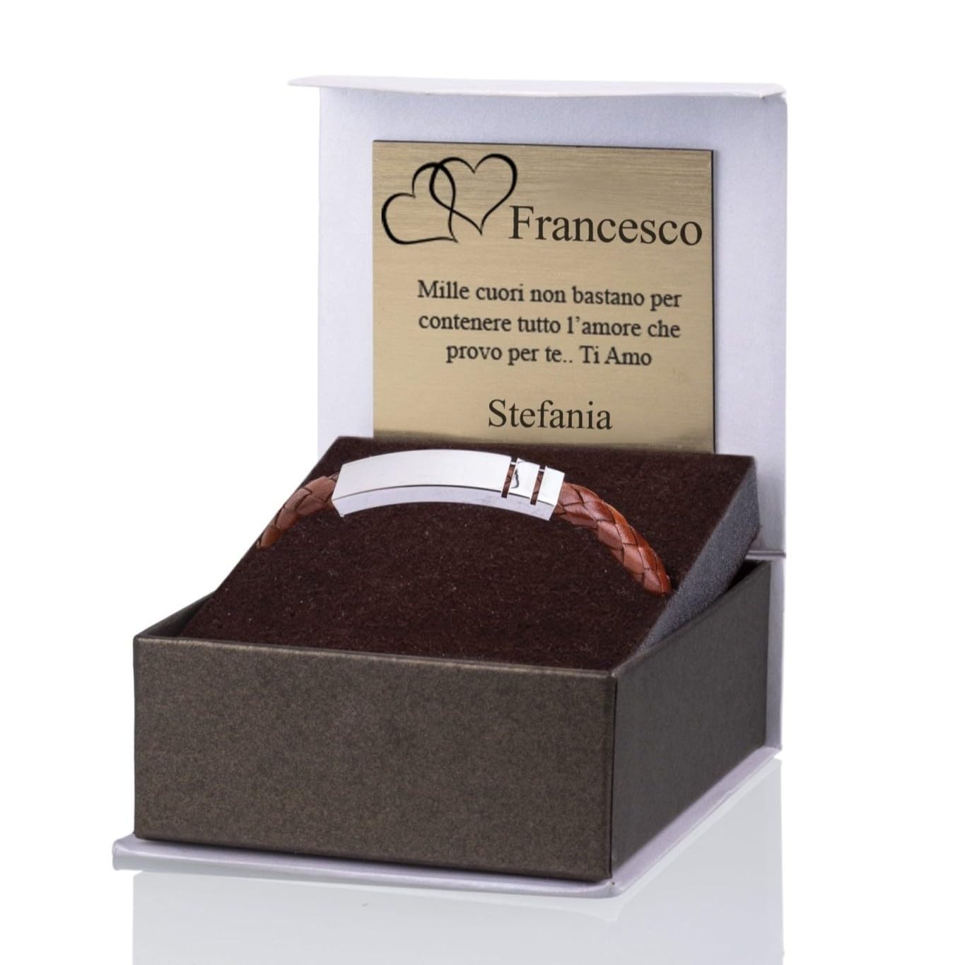 Sakrami Bracciale Uomo Pelle Intrecciata Blu, Marrone o Nera con Piastrina in Argento 925 – Scatola Personalizzabile con Dedica Incisa – Gioiello Moderno per Laurea o Anniversario