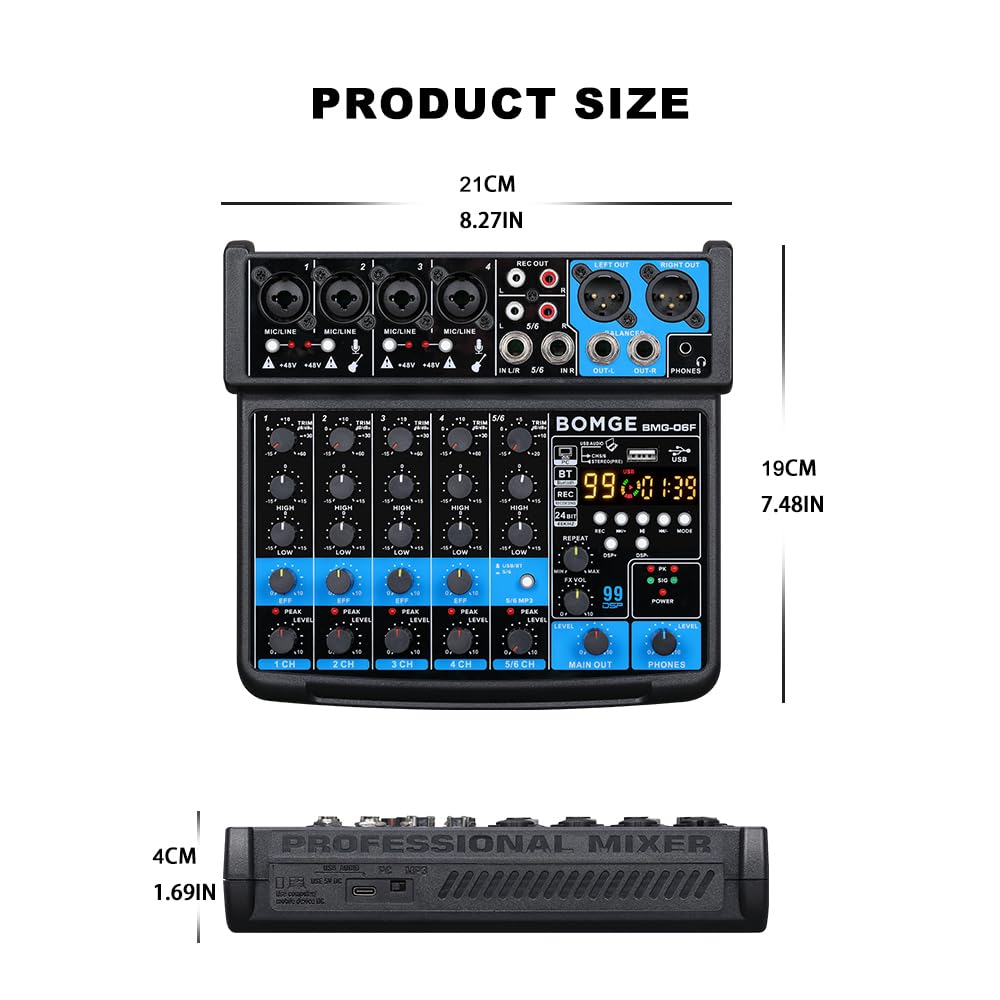 BOMGE Mini Mixer Audio DJ a 6 Canali con Interfaccia MP3 USB, Registrazione Stereo Bluetooth, Alimentazione Phantom 48V, DSP 99 per lo streaming di performance karaoke