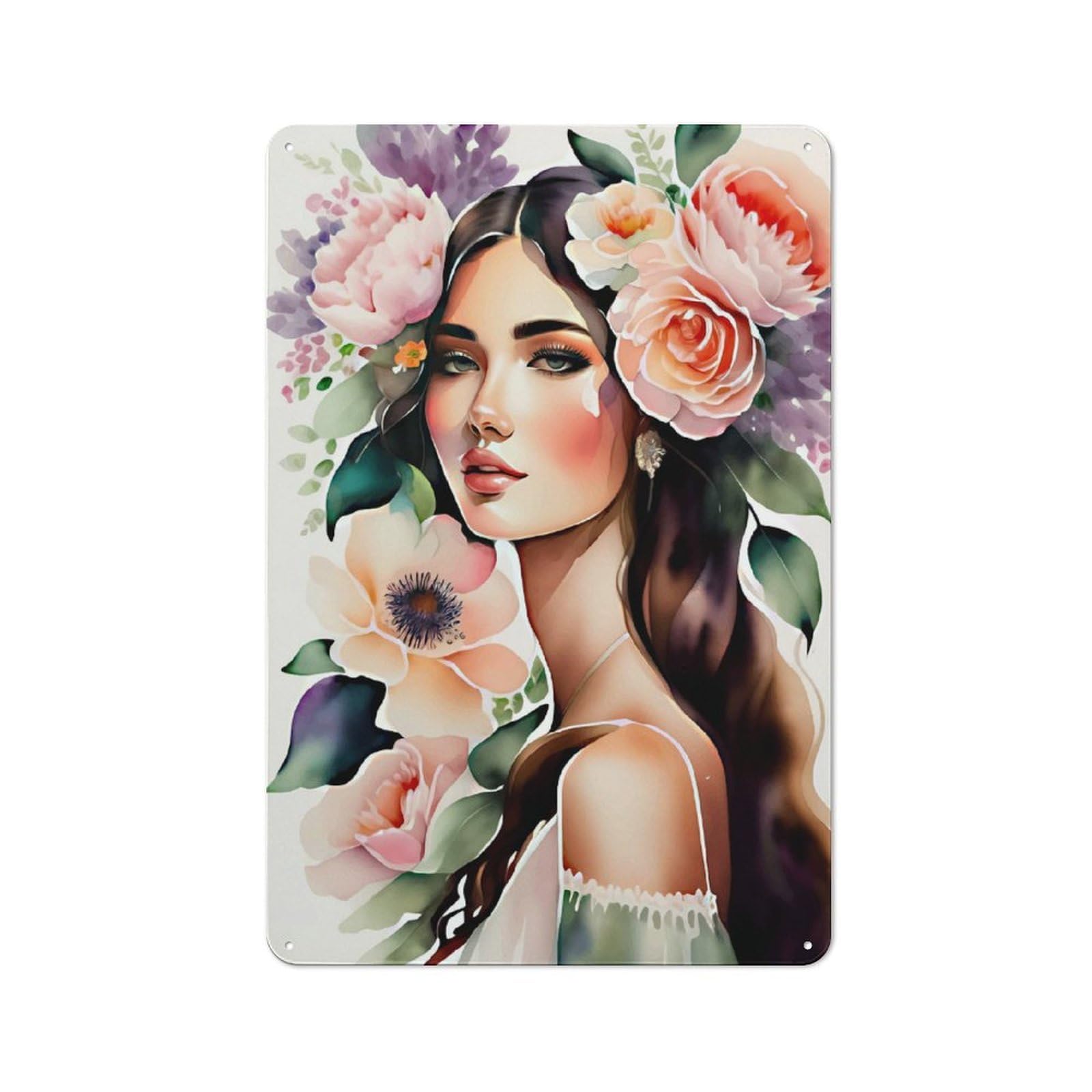 Floral Girl Watercolor Metal Wall Sign 30x20cm, Rustic Classic Pub Decor for Cafe, Pub, Workshop Or Home Bar