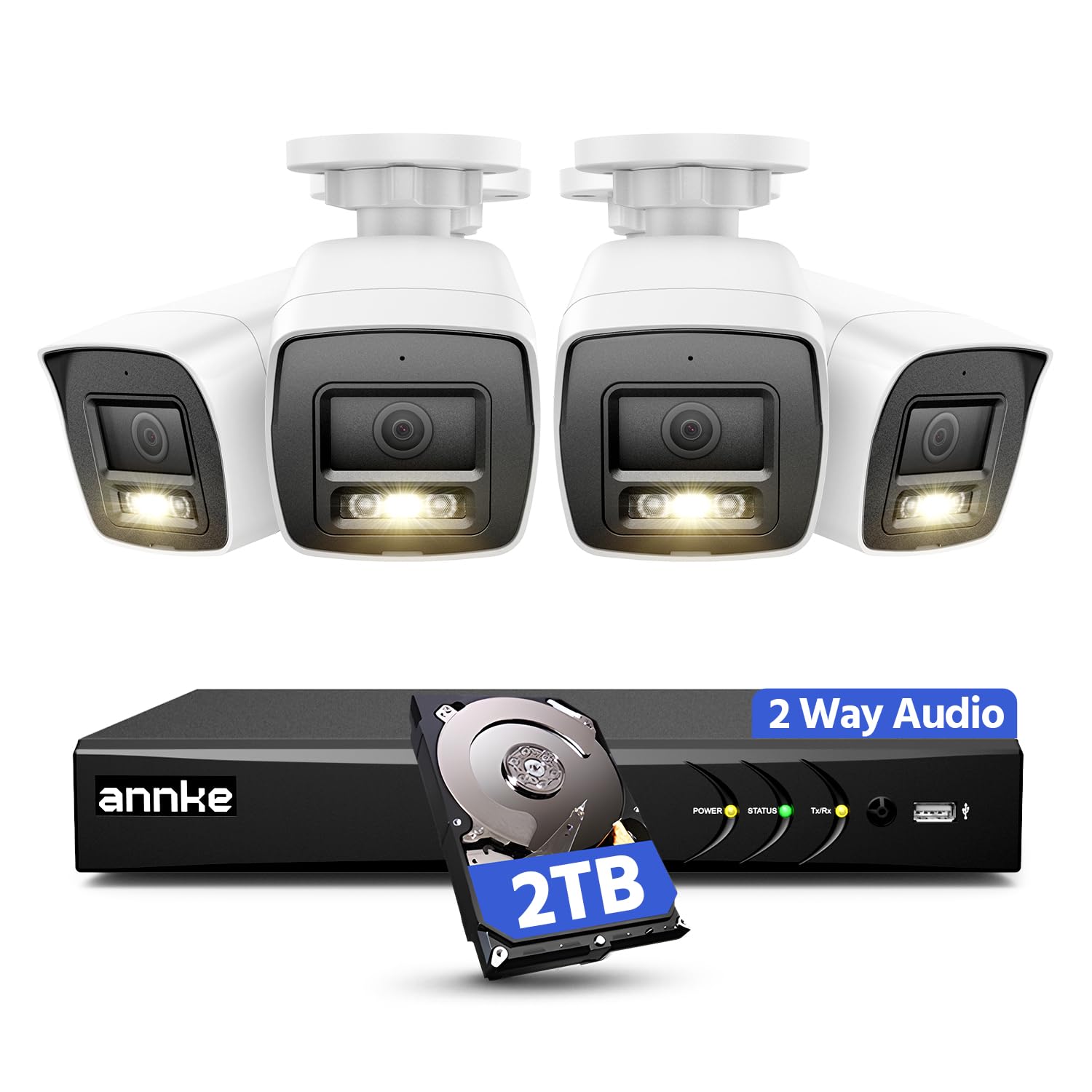 ANNKE 2MP Two-Way Audio Security Camera System, 8CH 3K Lite DVR, 4pcs 1080P CCTV White Wired Cams with Color Night Vision, AI Motion Detection, Smart AcuSearch, 2TB HDD for Outdoor Home Surveillance