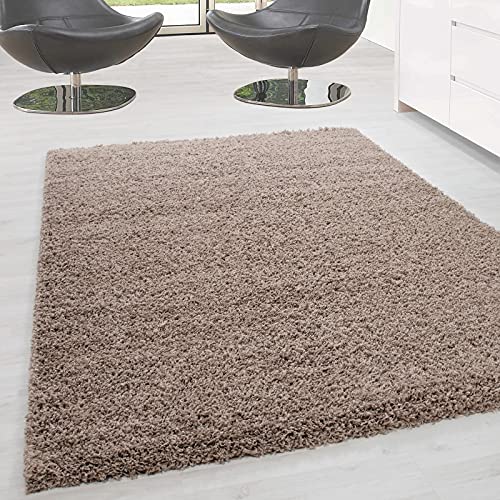 Tapis à poils longs salon beige rond 120x120 cm hauteur 5 cm Dream Shaggy