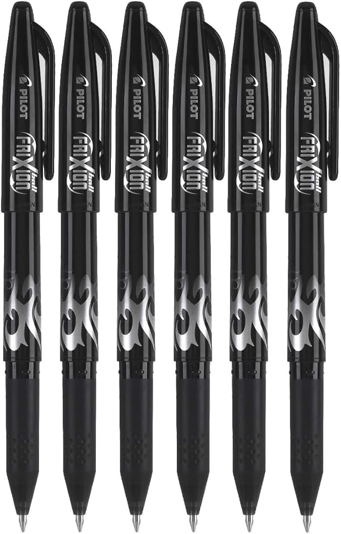 Frixion Ball Stick Erasable Gel Pens Fine Point (.7mm) Black Ink 6-pk; Bundle with Plastic Reusable Pouch