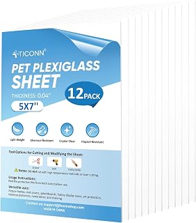 TICONN 12PK 5" x 7" PET Plexiglass Sheets, Clear Plastic Sheet, Easy to Cut Thin Flexible PET Plastic Sheeting Panels for DIY Art Projects, Crafts, Picture Frames, Signs