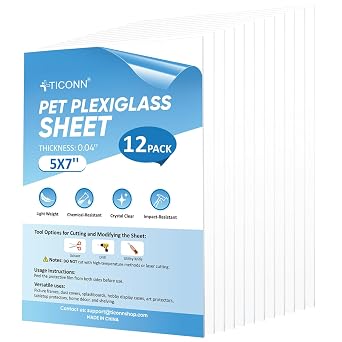 TICONN 12PK 5" x 7" PET Plexiglass Sheets, Clear Plastic Sheet, Easy to Cut Thin Flexible PET Plastic Sheeting Panels for DIY Art Projects, Crafts, Picture Frames, Signs