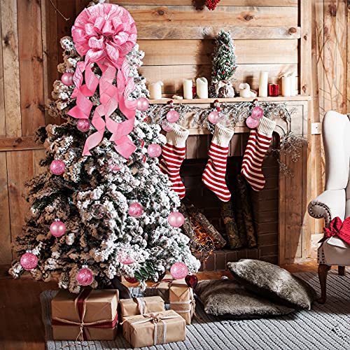 25 Pieces 2.36 Inch Plastic Christmas Ball Ornaments And 12 X 34 Inch Christmas Tree Topper Large Toppers Bow With Color Strips For Christmas Tree Home Decoration (Pink) #TOP4