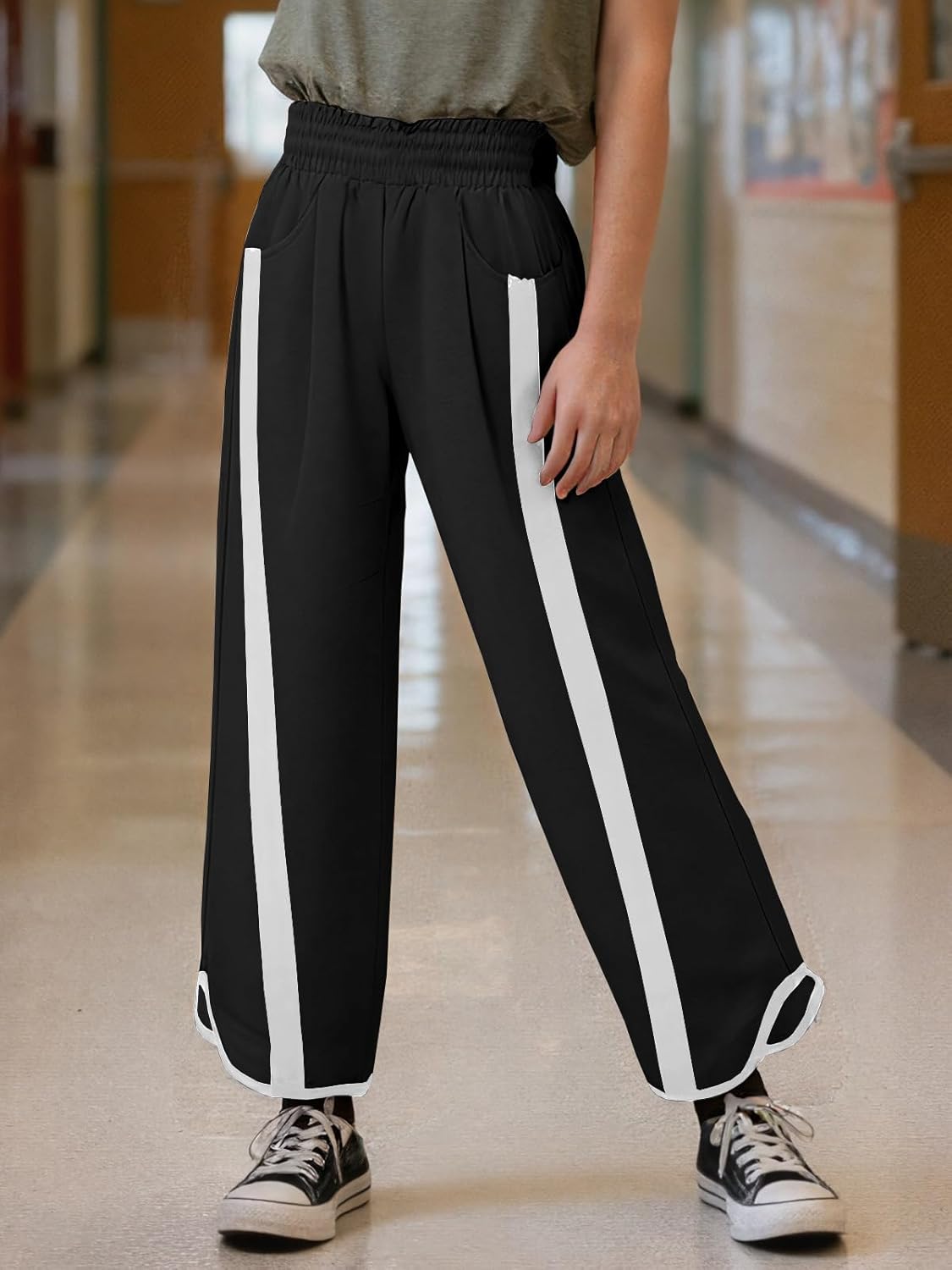 Girls Wide Leg Pants Kids Striped Elastic Waist High Waisted Track Pants with Pockets 7-14 Years - Image 2