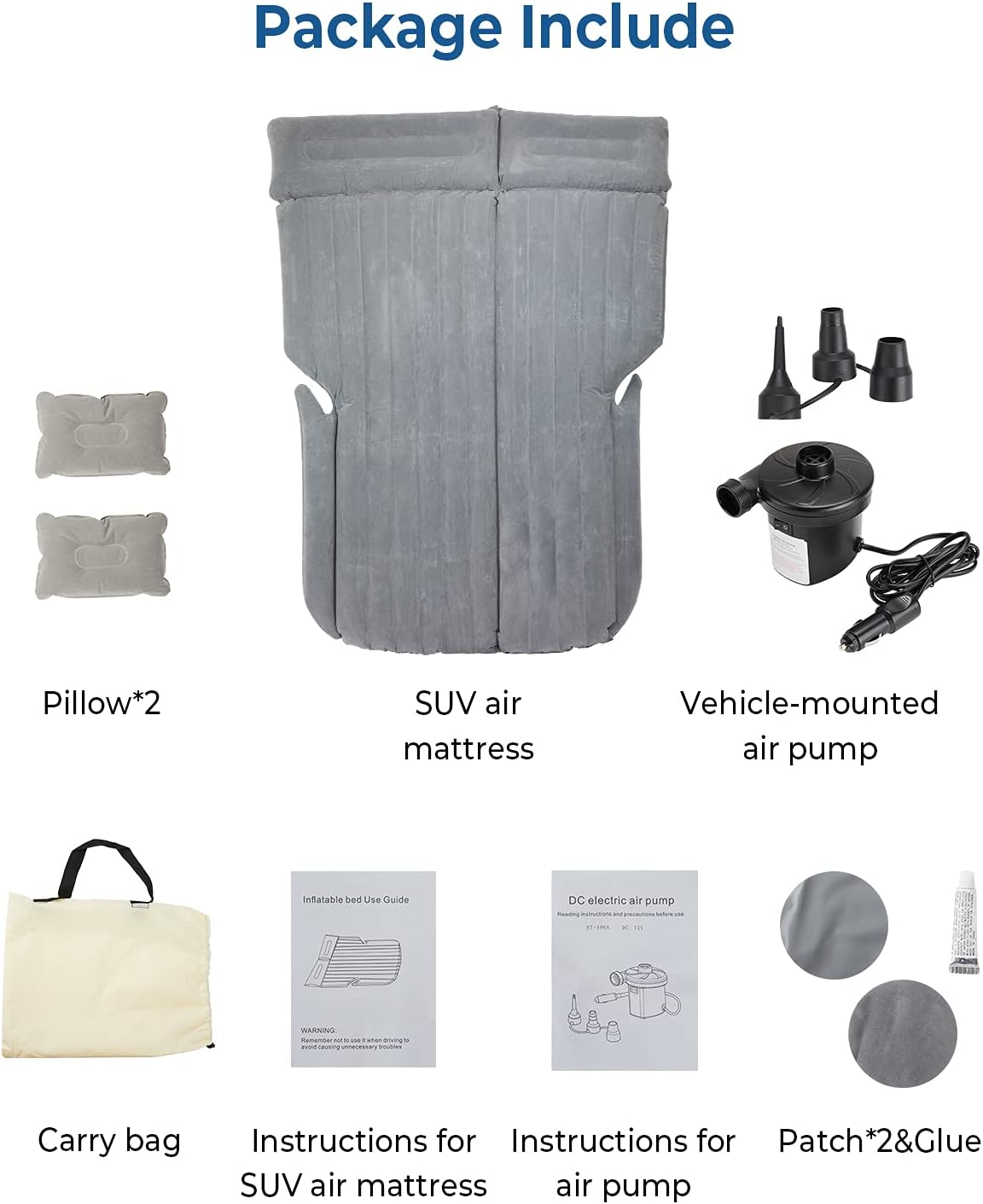 JoyTutus SUV Air Mattress, Camping Mattress, Car Bed, Car Inflatable Mattress Thick, Car Mattress Backseat, Car Sleeping Mattress, with Pillow, with Electric Air Pump, for Truck/Van/Tent, Grey : Automotive